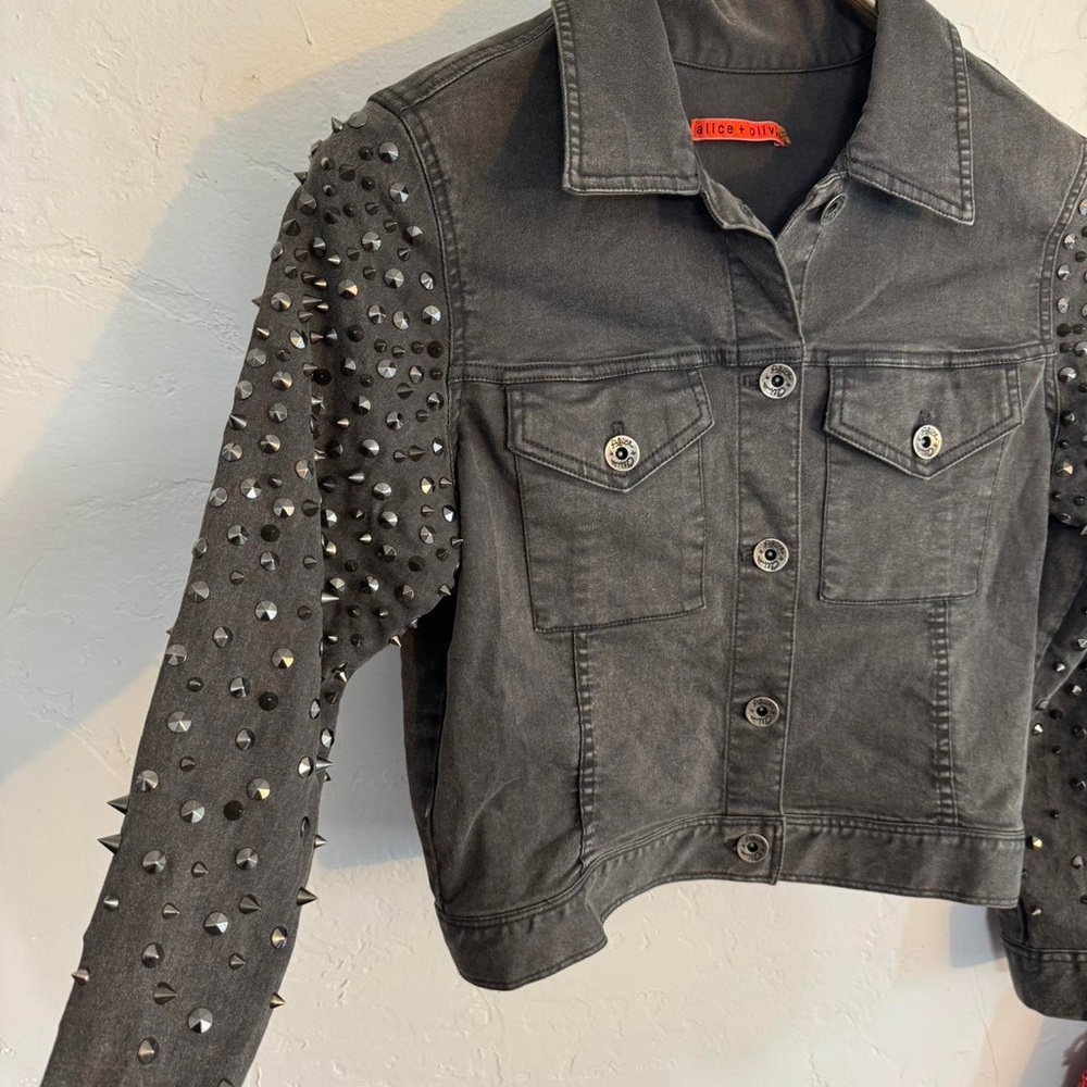 Alice + Olivia Black Denim Jacket with Embellished Sleeves